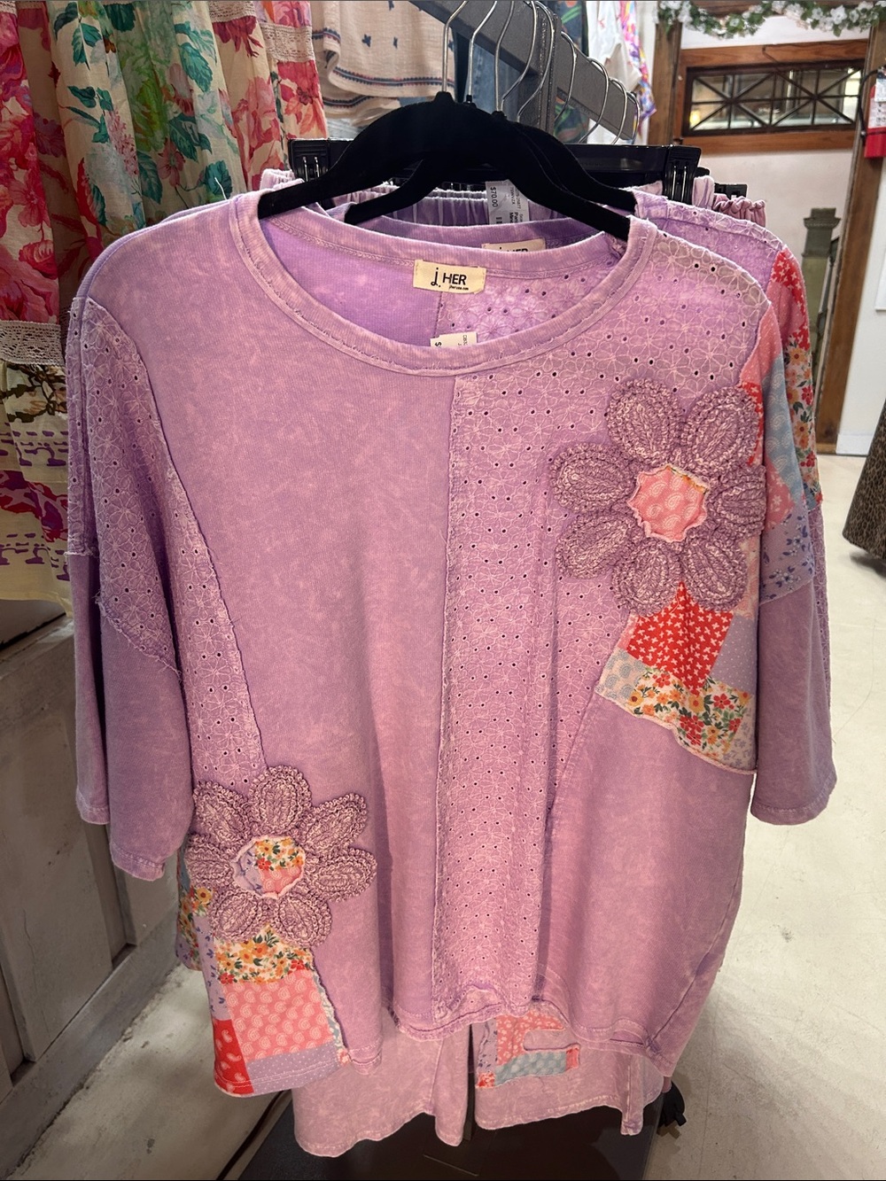 J Her Lavender LOVE Mineral Wash Patchwork Top
